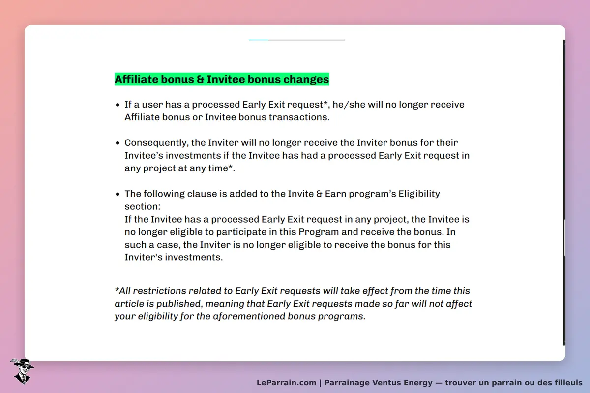Ventus Energy : texte concernant les changements de bonus pour les affiliés et invités