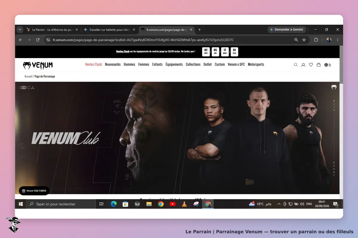 Venum : page d'accueil avec des athlètes en tenue de sport et le logo Venum Club en arrière-plan