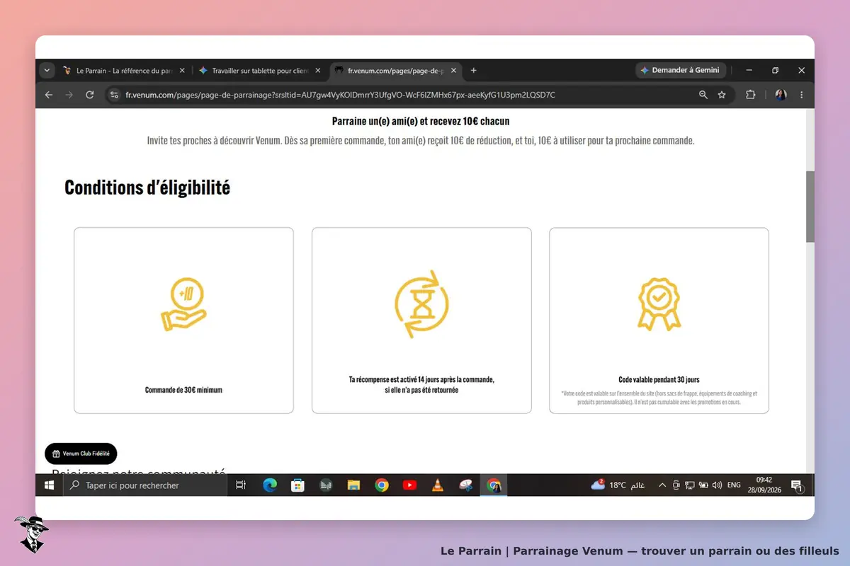 Venum : conditions d'éligibilité pour le programme de parrainage affichées sur la page