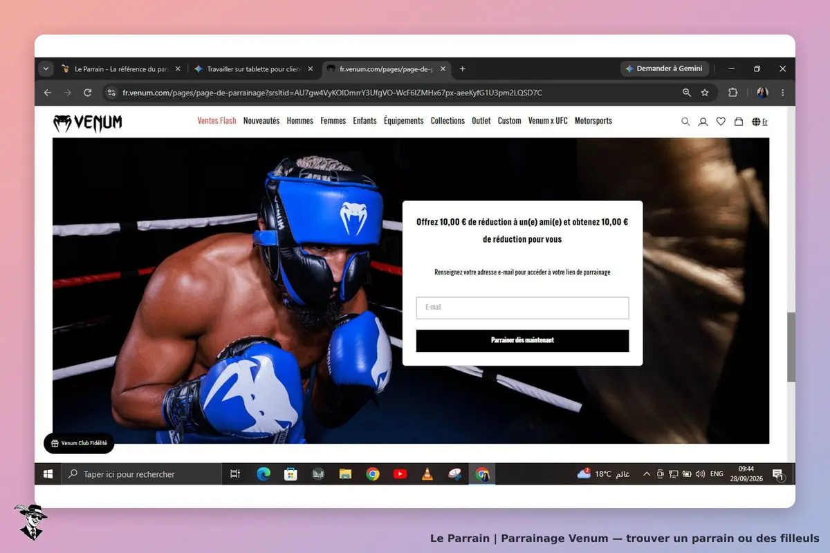 Venum : un boxeur avec un casque bleu dans un ring, formulaire de parrainage à droite