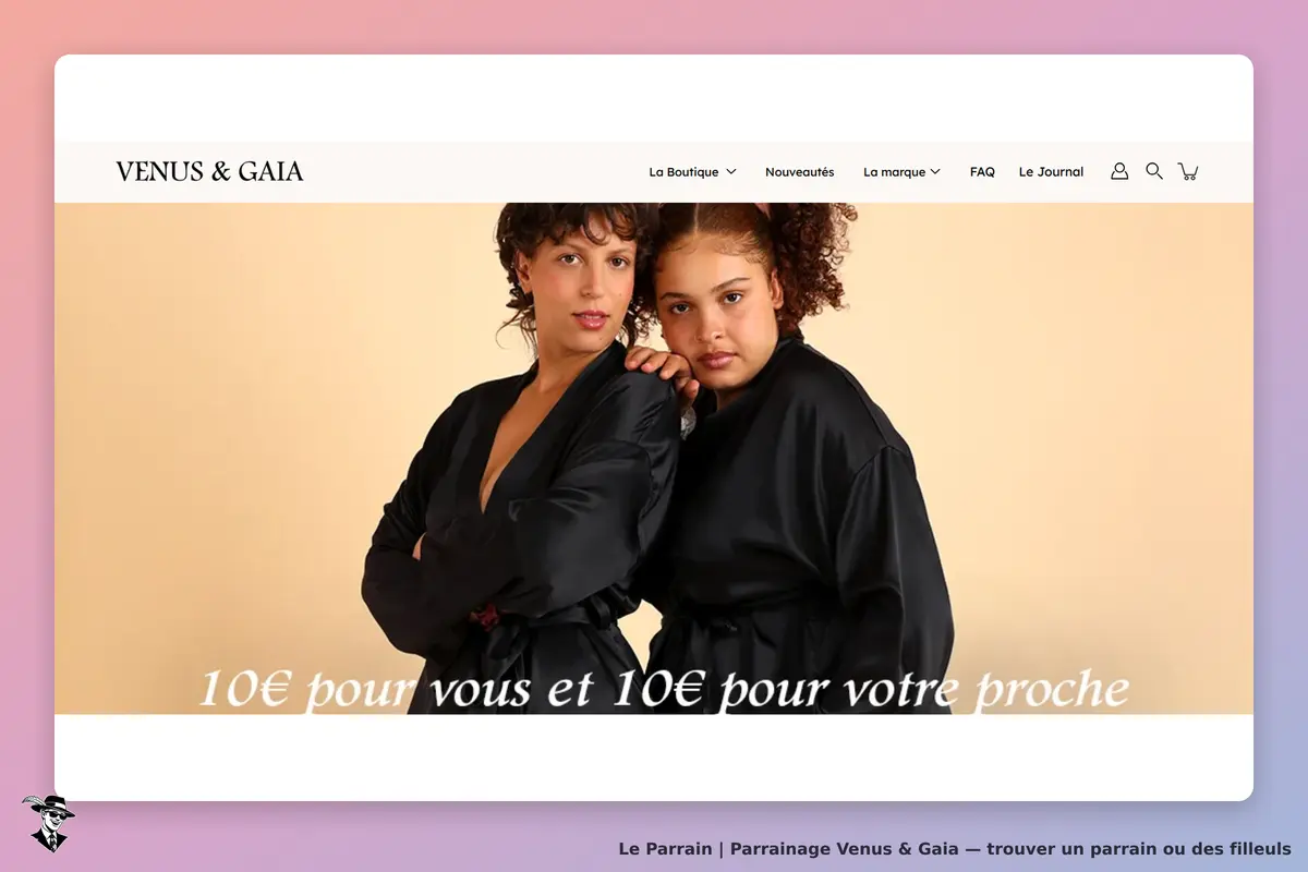Venus & Gaia : deux femmes en robes noires posent sur un fond beige, logo en haut de la page