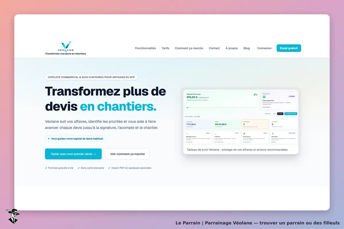 Véolane : page d'accueil présentant un tableau de bord pour la gestion de devis et chantiers