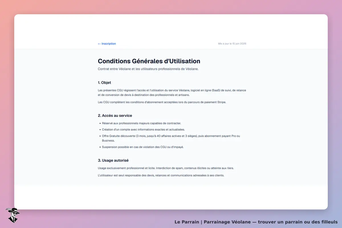 Véolane : conditions générales d'utilisation affichées sur la page d'accueil du site