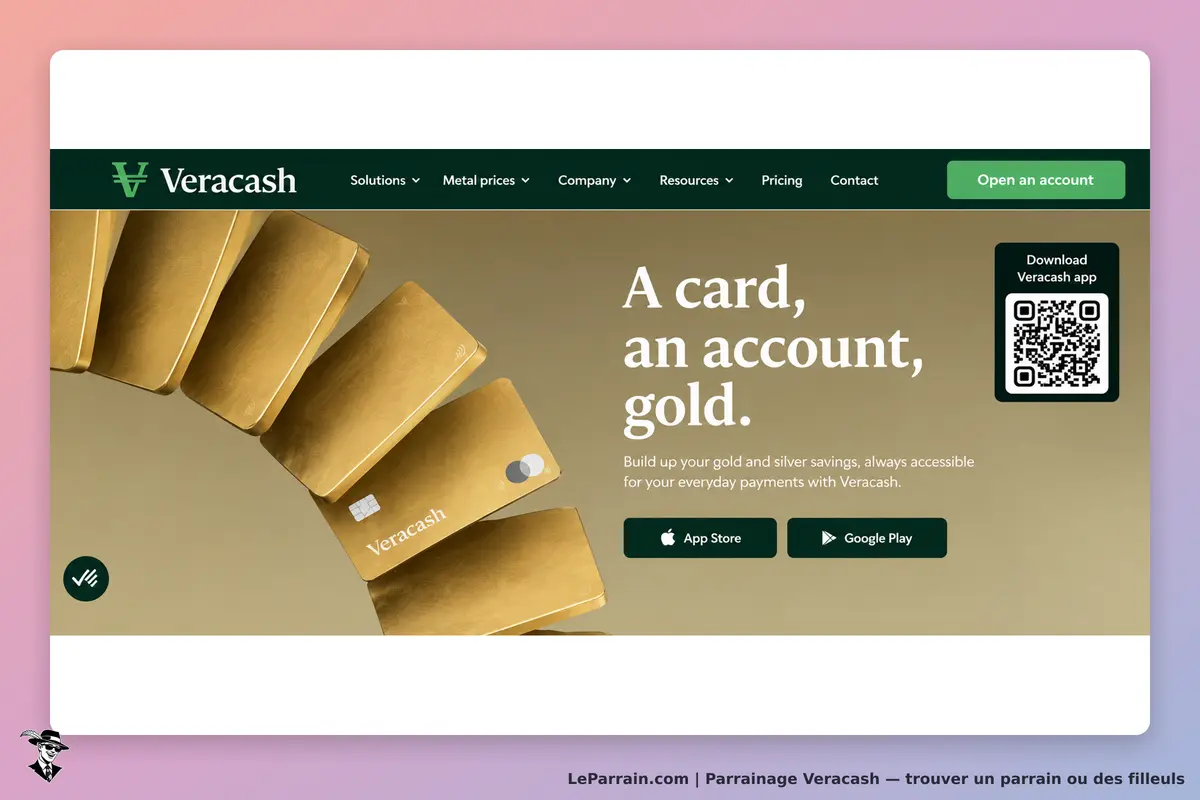 Veracash : page d'accueil avec cartes dorées et options pour ouvrir un compte et télécharger