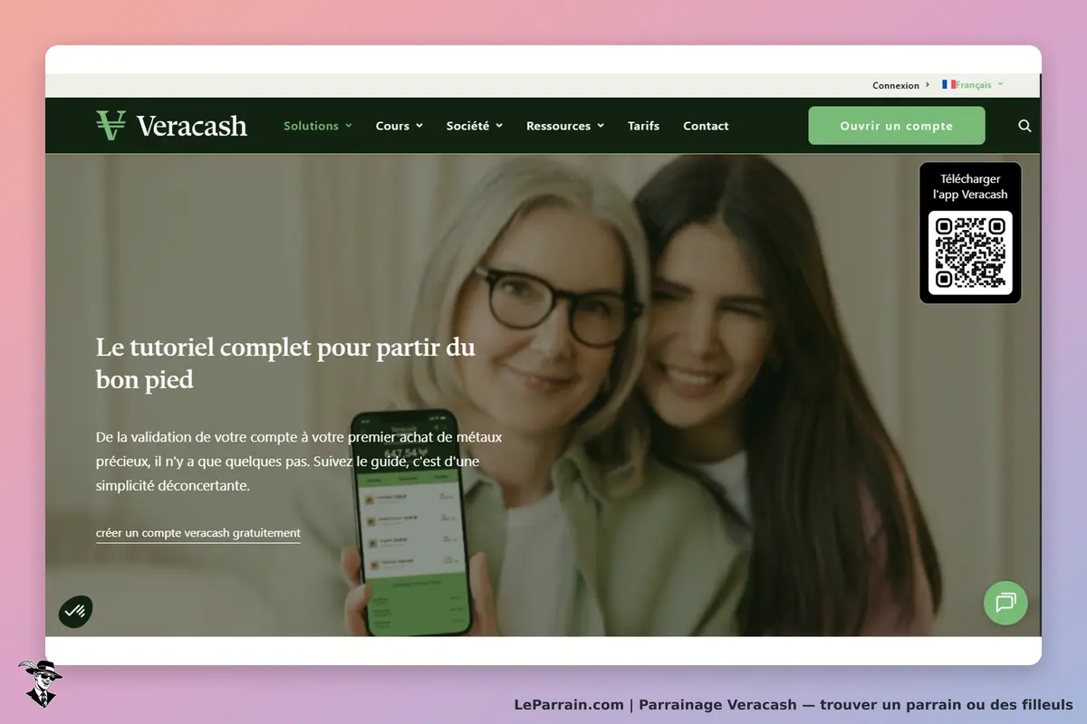 Veracash : page d'accueil avec deux femmes souriantes et un smartphone affichant l'application