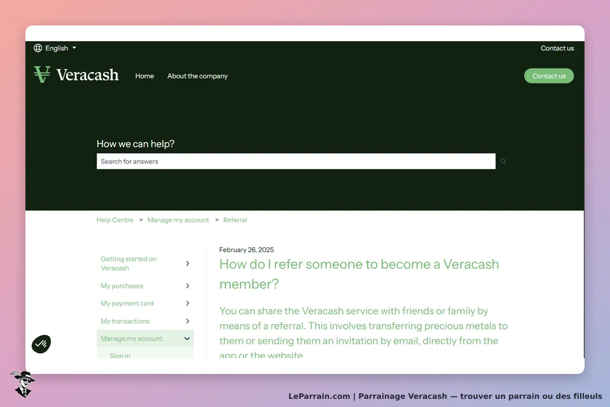Veracash : page d'accueil avec options d'aide et section sur le parrainage des membres