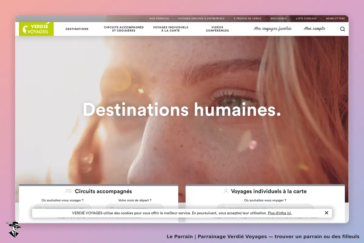 Verdié Voyages : page d'accueil avec une image d'une personne et des options de voyage
