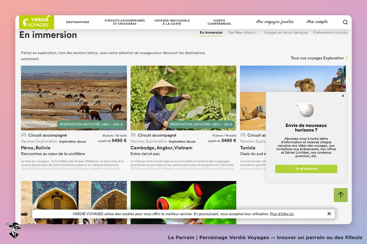 Verdié Voyages : page d'accueil avec circuits accompagnés et formulaire d'inscription à la