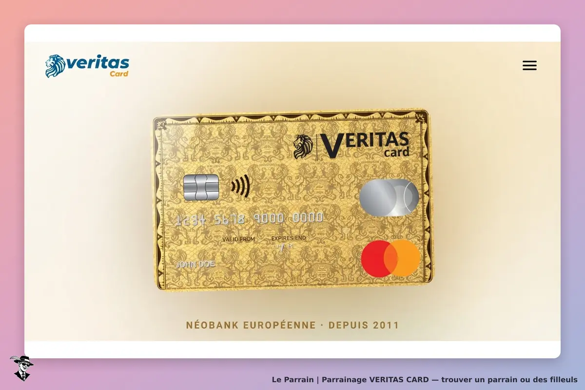 VERITAS Card : carte de paiement dorée avec logo et mention "Néobank européenne depuis 2011"
