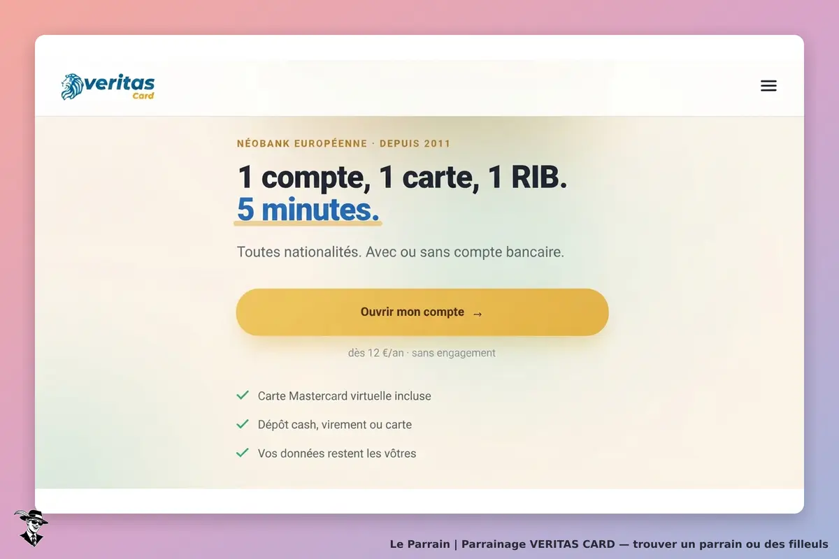 VERITAS CARD : page d'accueil présentant un compte, une carte et un RIB, bouton d'inscription