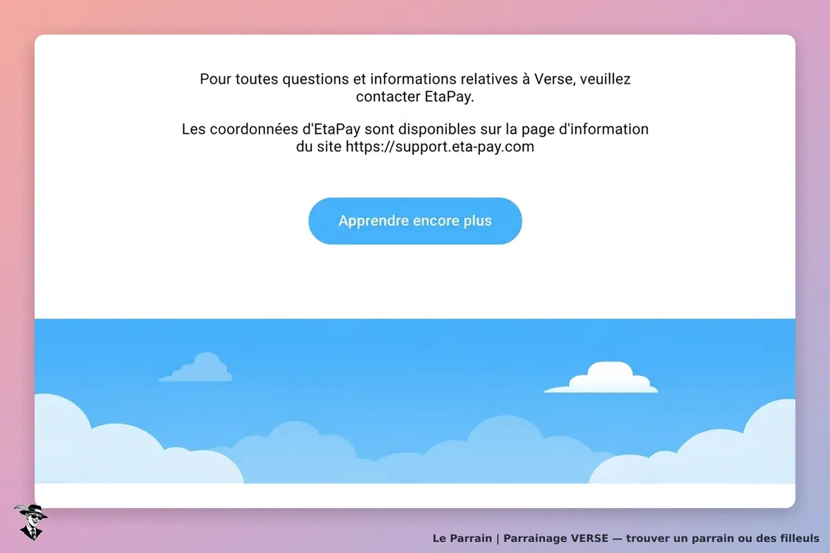 VERSE : message d'assistance avec lien et bouton pour en apprendre davantage