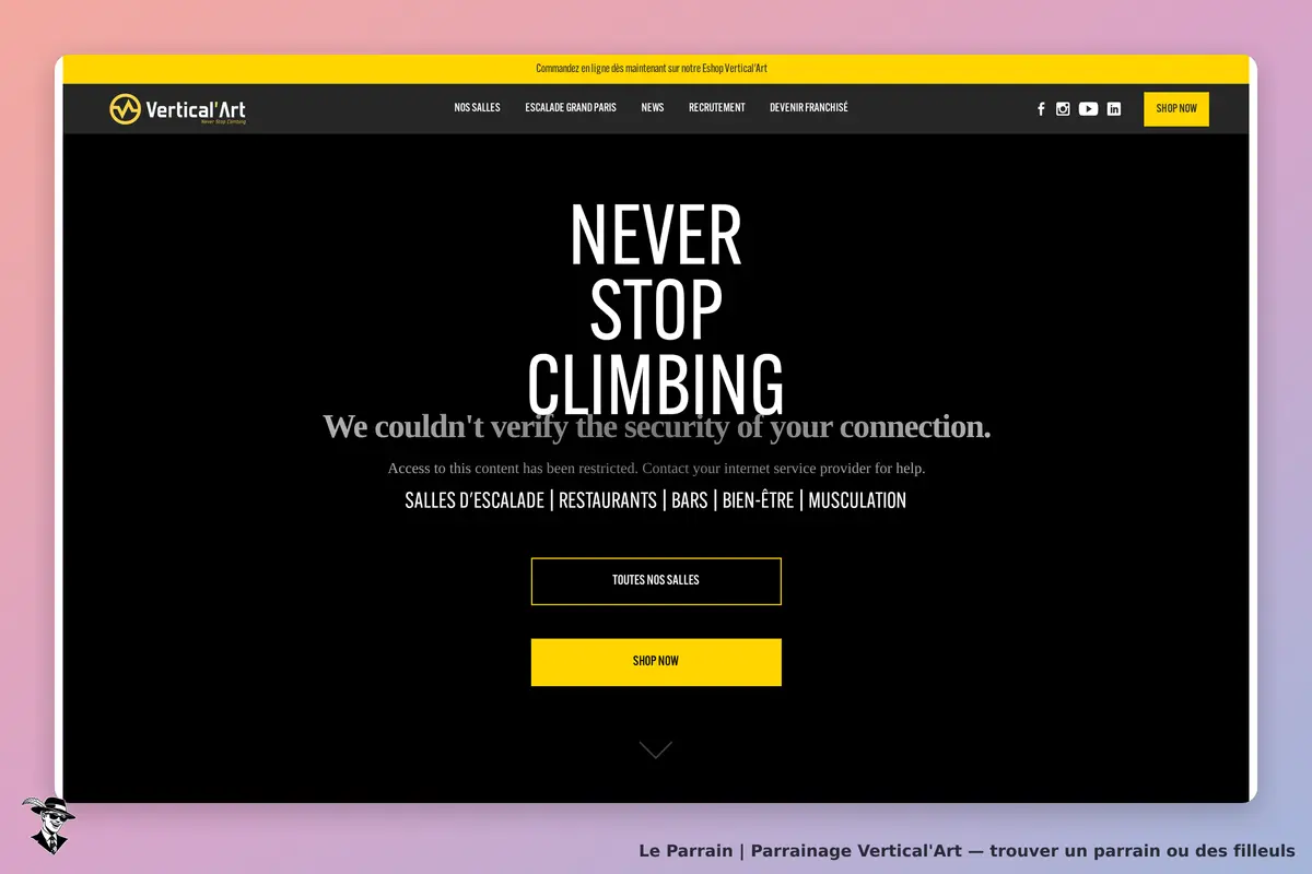 Vertical'Art : page d'accueil avec message d'erreur et options de navigation en bas