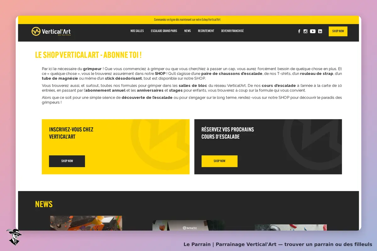 Vertical'Art : page d'accueil avec informations sur l'escalade et options d'inscription