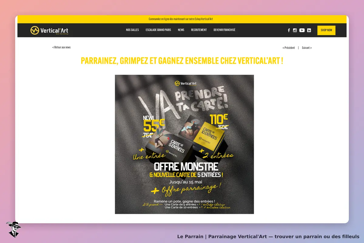 Vertical'Art : page d'accueil avec promotion et carte d'entrées sur fond noir