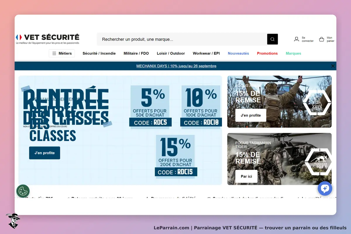 VET SÉCURITÉ : page d'accueil avec promotions et produits militaires affichés