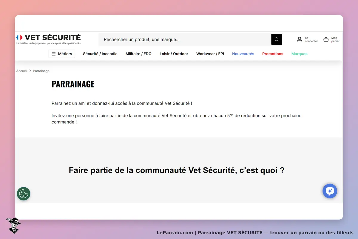 VET SÉCURITÉ : section de parrainage avec texte explicatif sur l'accès à la communauté