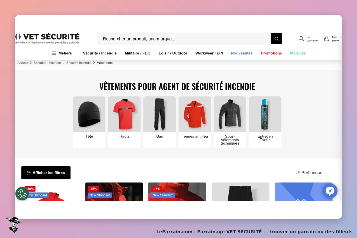 VET SÉCURITÉ : page d'accueil avec vêtements pour agents de sécurité incendie et options de