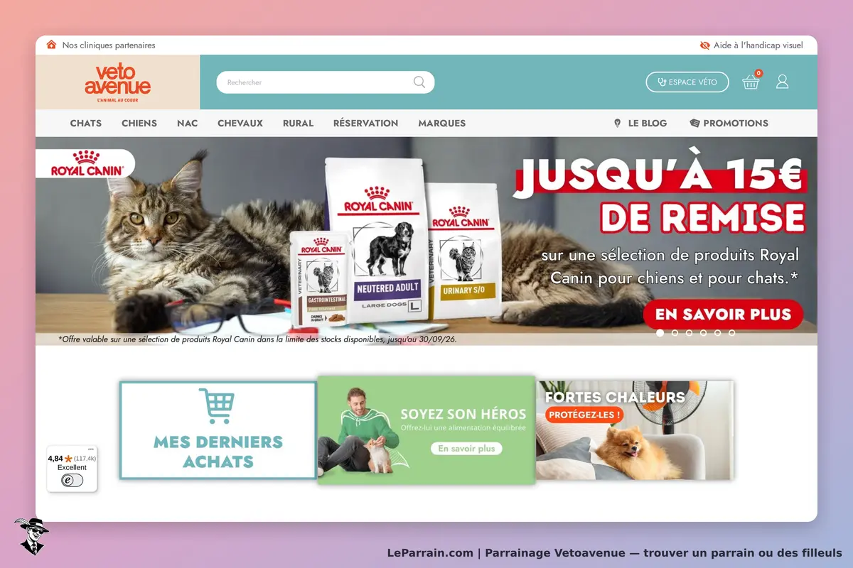 Vetoavenue : page d'accueil avec un chat, produits Royal Canin et sections promotionnelles