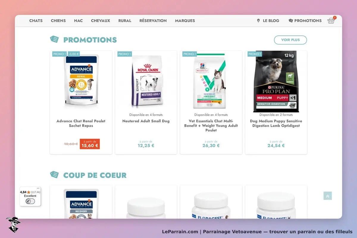 Vetoavenue : promotions de produits pour animaux avec affichage de plusieurs sachets alimentaires