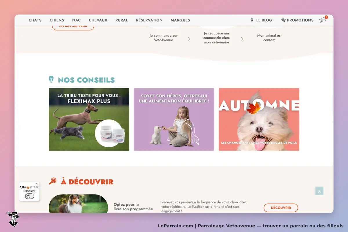 Vetoavenue : page d'accueil avec conseils et images de chiens et produits pour animaux