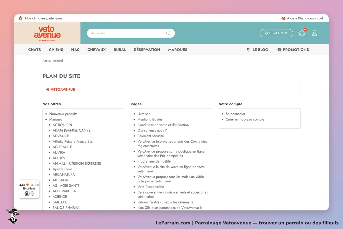 Vetoavenue : page d'accueil avec le plan du site et les sections offres et pages