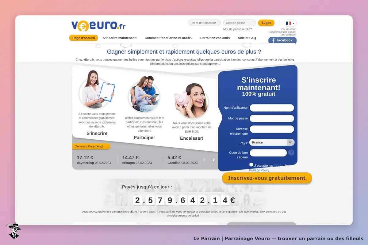 Veuro : page d'accueil avec formulaire d'inscription et informations sur les derniers paiements