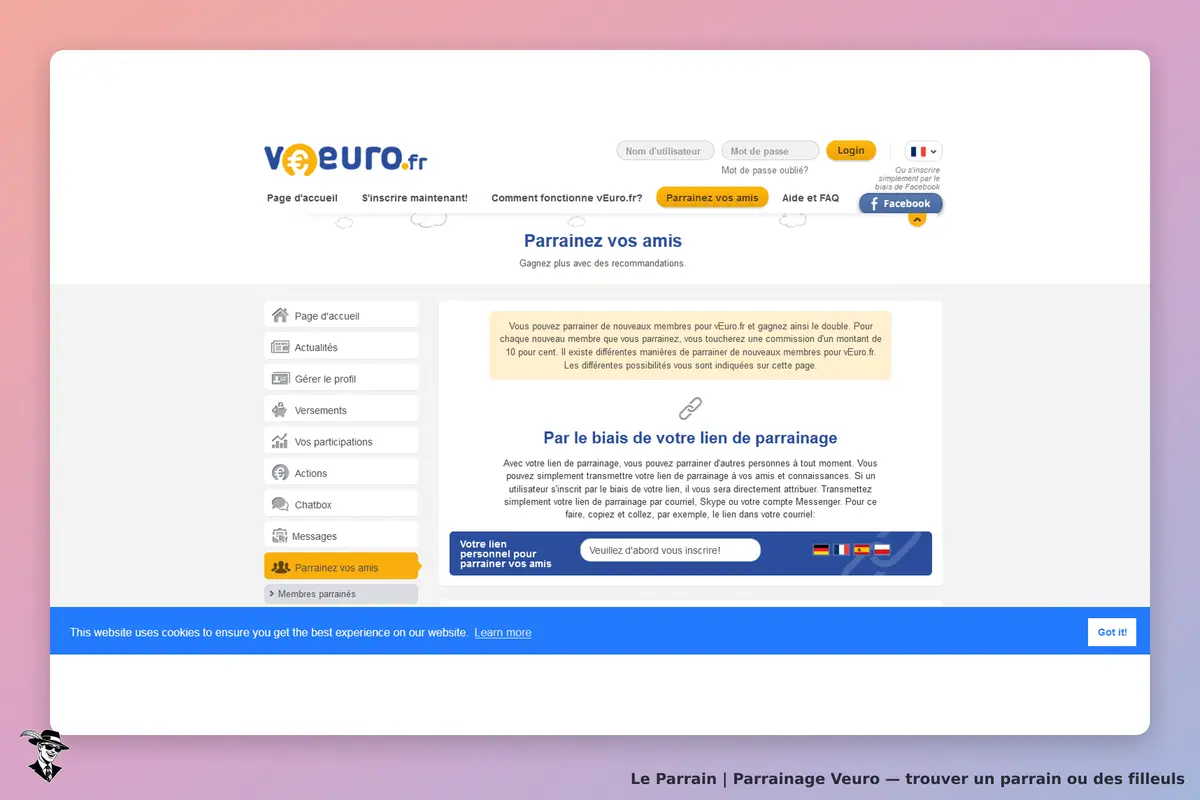 Veuro : page d'accueil avec options de parrainage et formulaire d'inscription