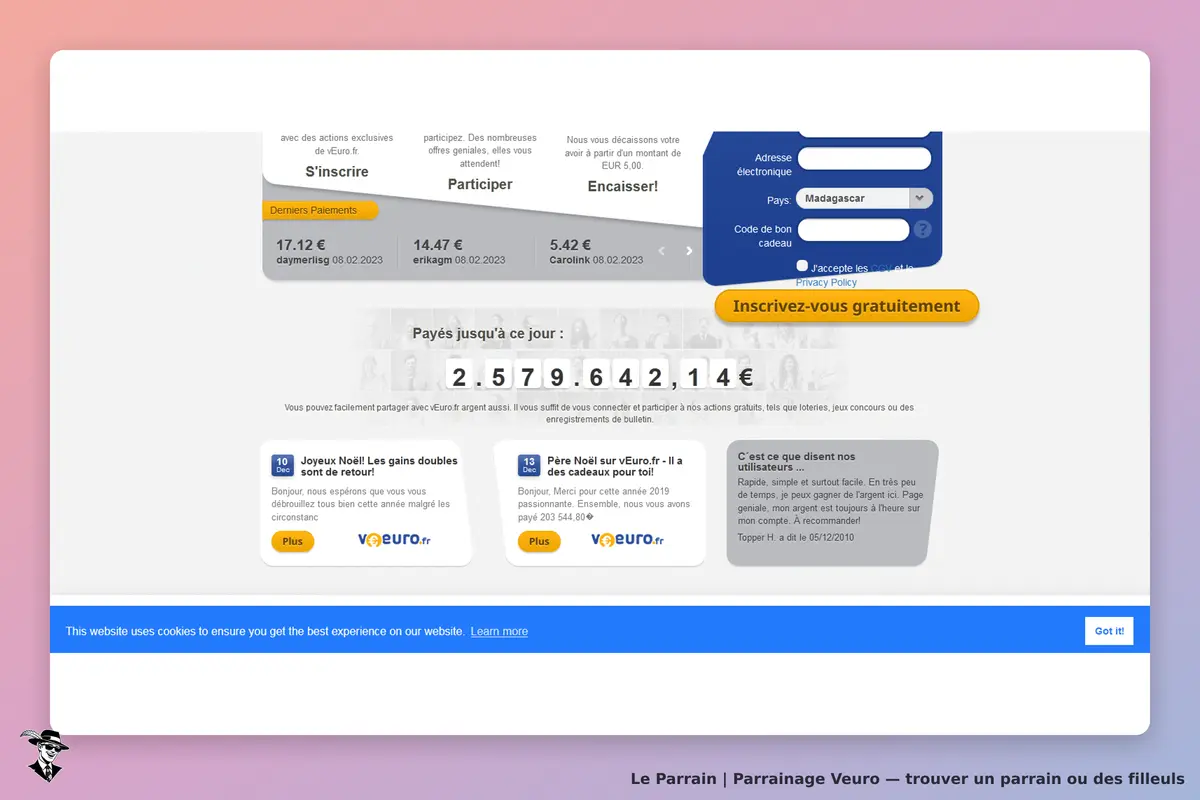 Veuro : page d'accueil avec formulaire d'inscription et derniers paiements affichés