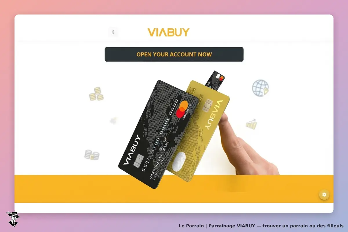VIABUY : cartes de paiement en main avec bouton pour ouvrir un compte en ligne