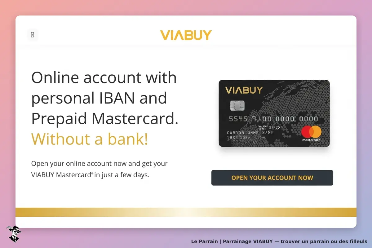 VIABUY : page d'accueil présentant une carte Mastercard et un formulaire d'ouverture de compte