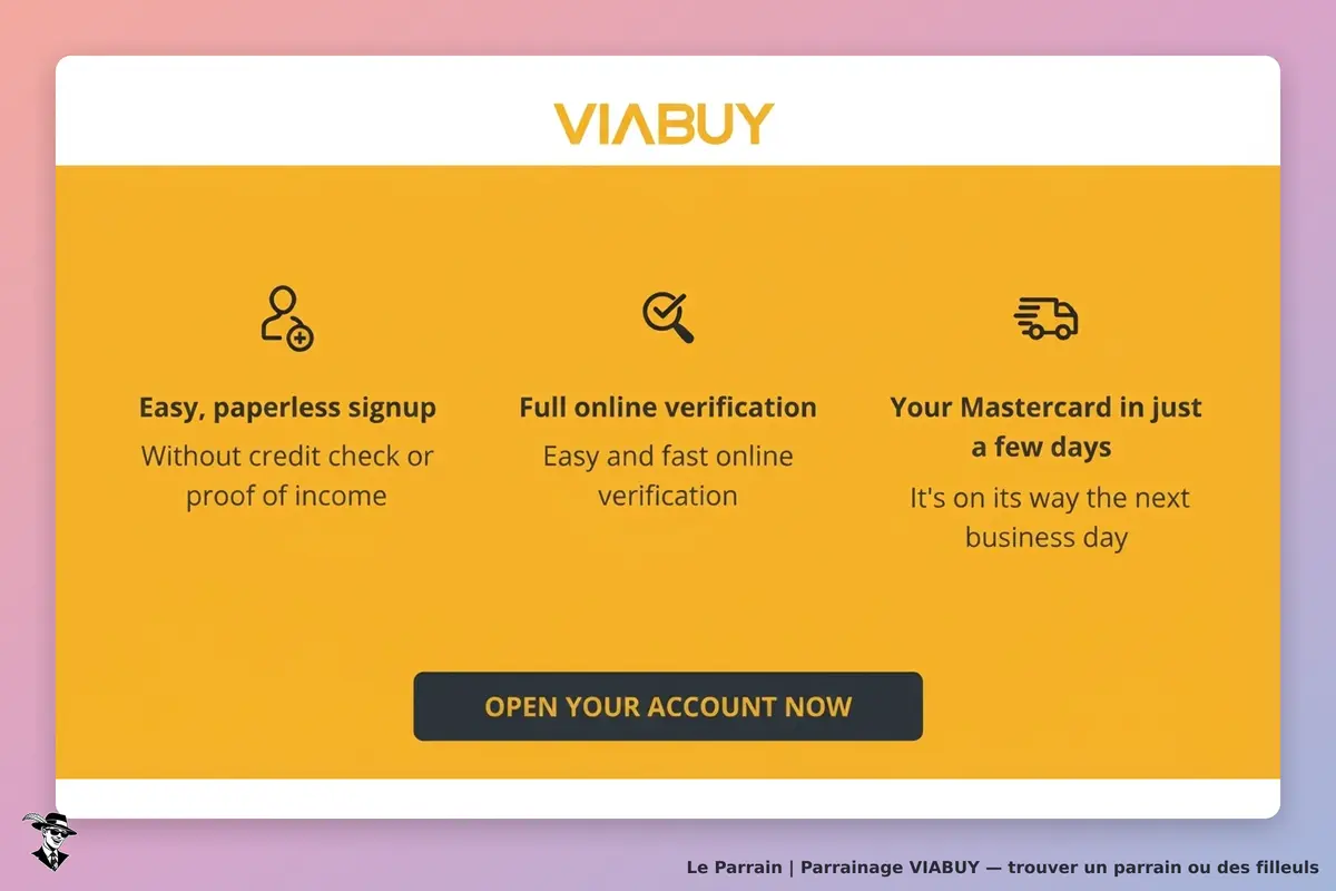 VIABUY : page d'accueil avec trois avantages et un bouton d'inscription en bas