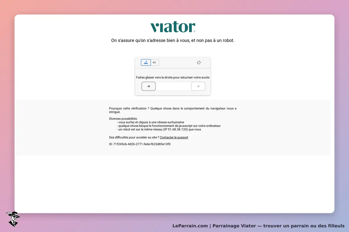 Viator : écran de vérification avec un message et un bouton à glisser pour accéder au site