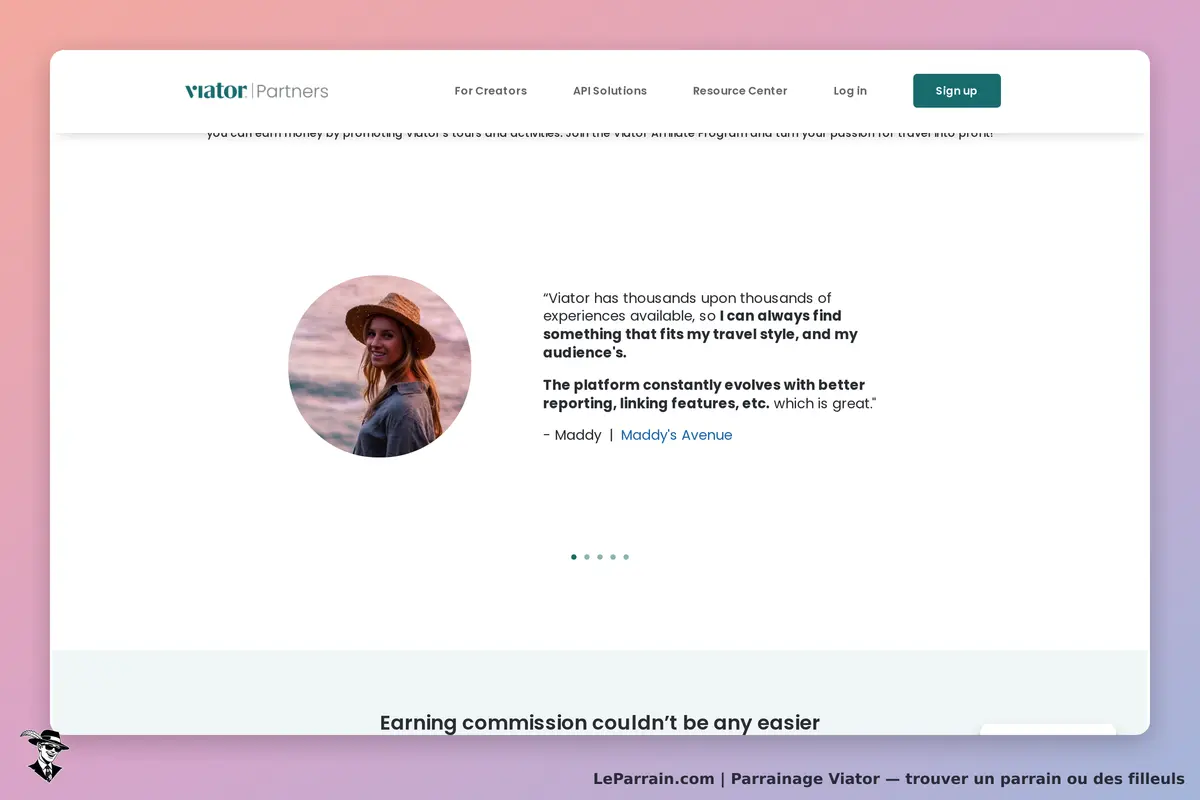 Viator : témoignage d'une utilisatrice avec sa photo et une citation sur la plateforme