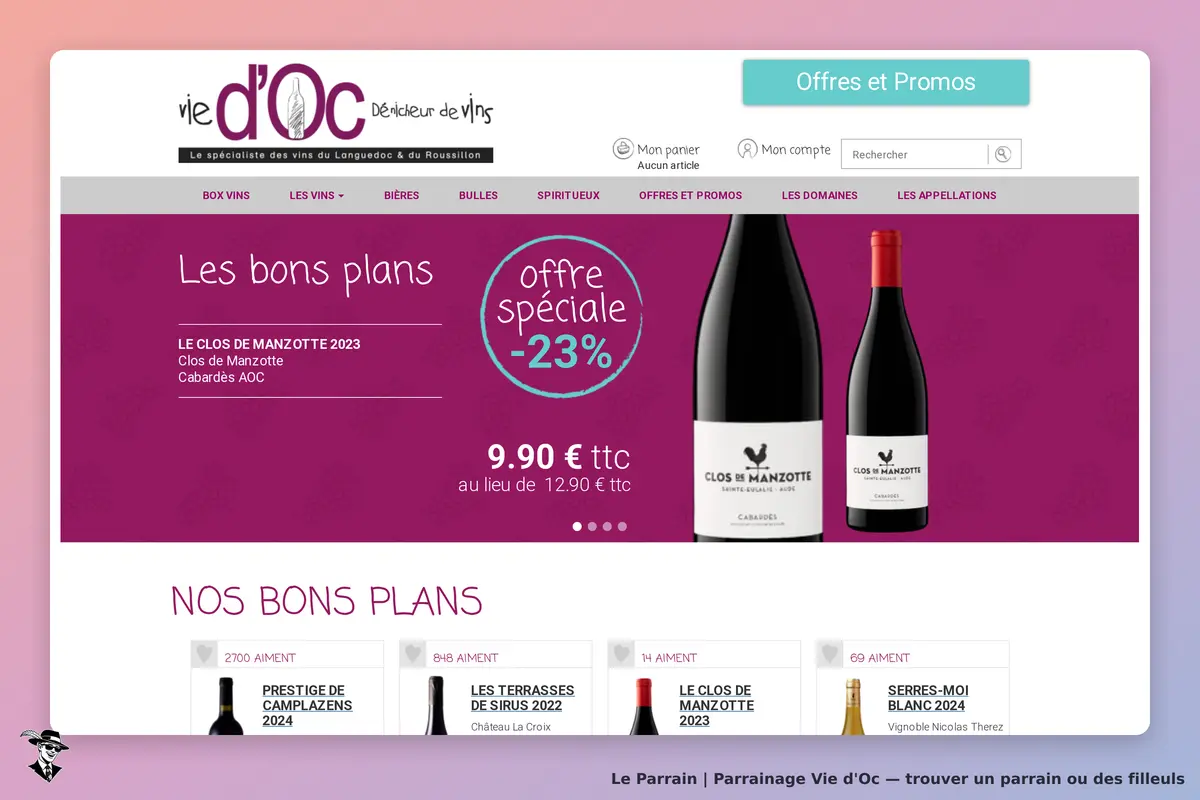 Vie d'Oc : page d'accueil avec vins, promotions et produits affichés sur fond violet