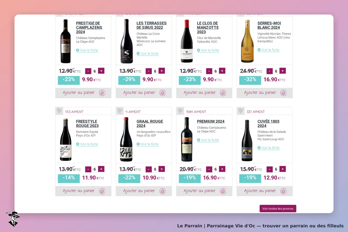 Vie d'Oc : page d'accueil affichant divers vins avec prix et options d'ajout au panier
