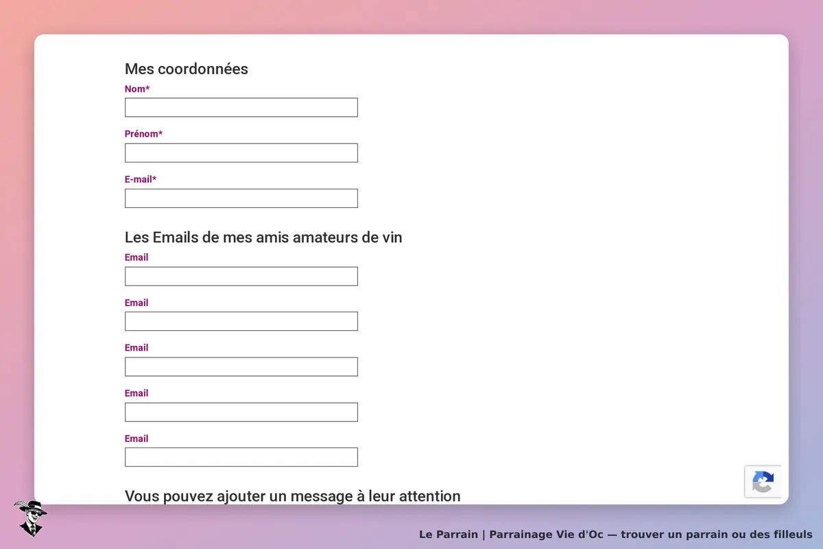 Vie d'Oc : formulaire de parrainage avec champs pour coordonnées et emails d'amis