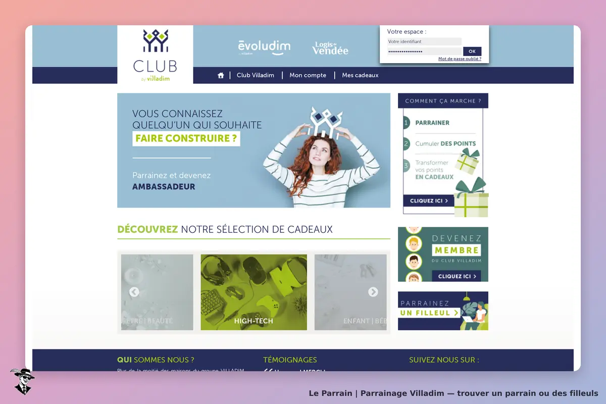Villadim : page d'accueil avec un formulaire de connexion et des sections sur le parrainage