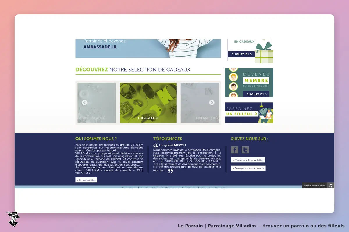 Villadim : page d'accueil avec options de parrainage et sélection de produits