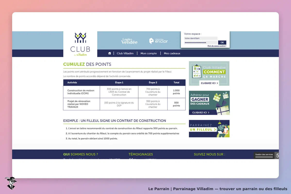 Villadim : page d'accueil avec tableau de cumul des points et exemples d'activités