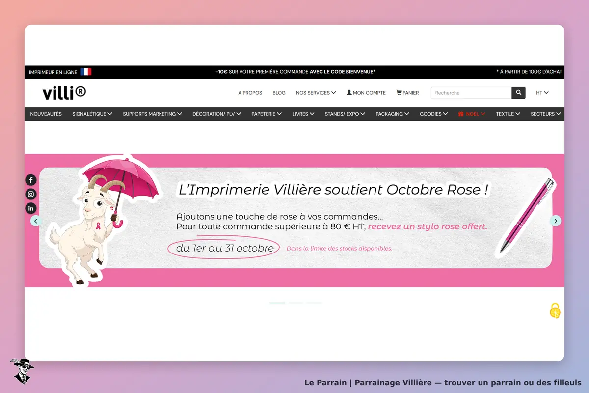 Villière : page d'accueil avec un visuel de chèvre et un message sur Octobre Rose