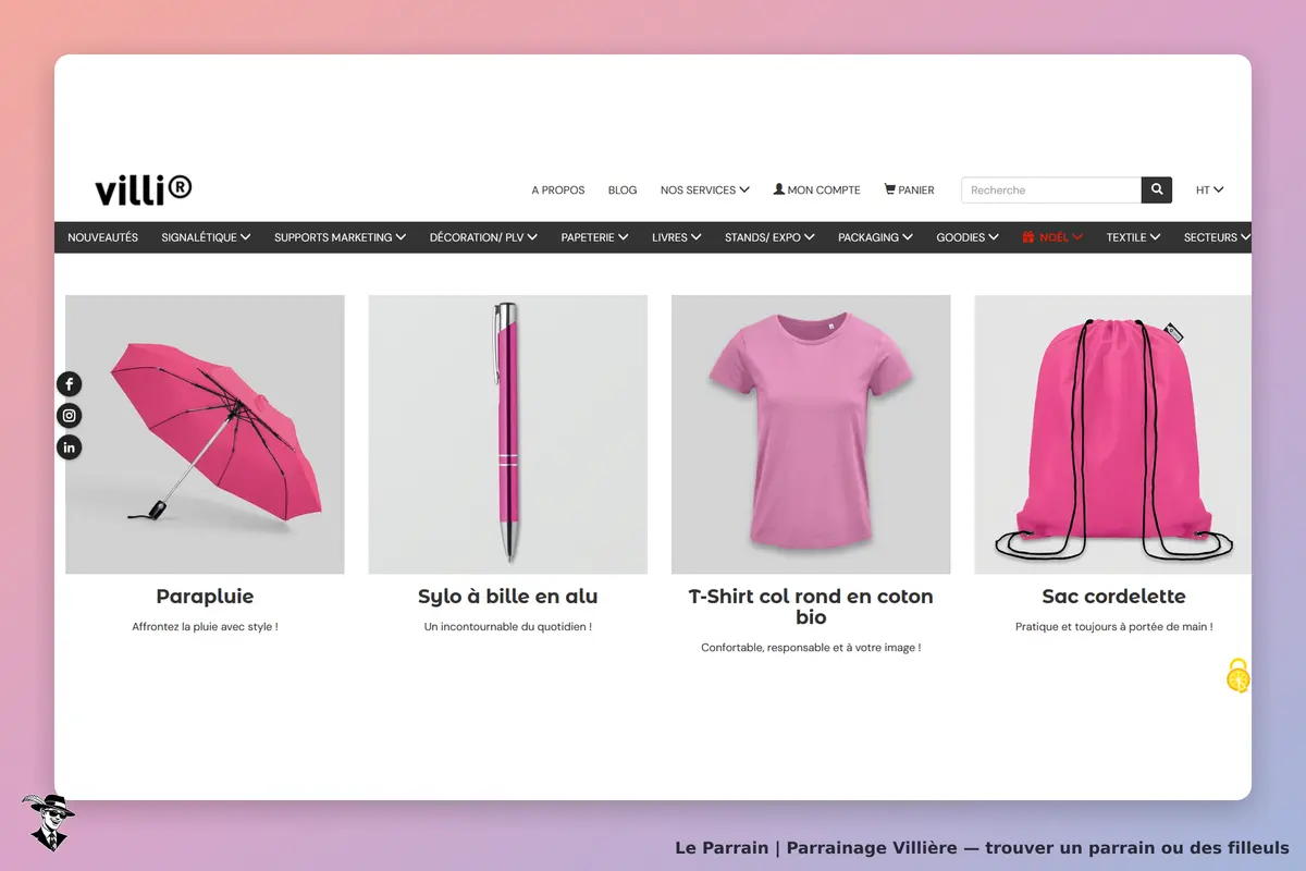 Villière : villi : quatre produits promotionnels en rose, incluant un parapluie et un t-shirt