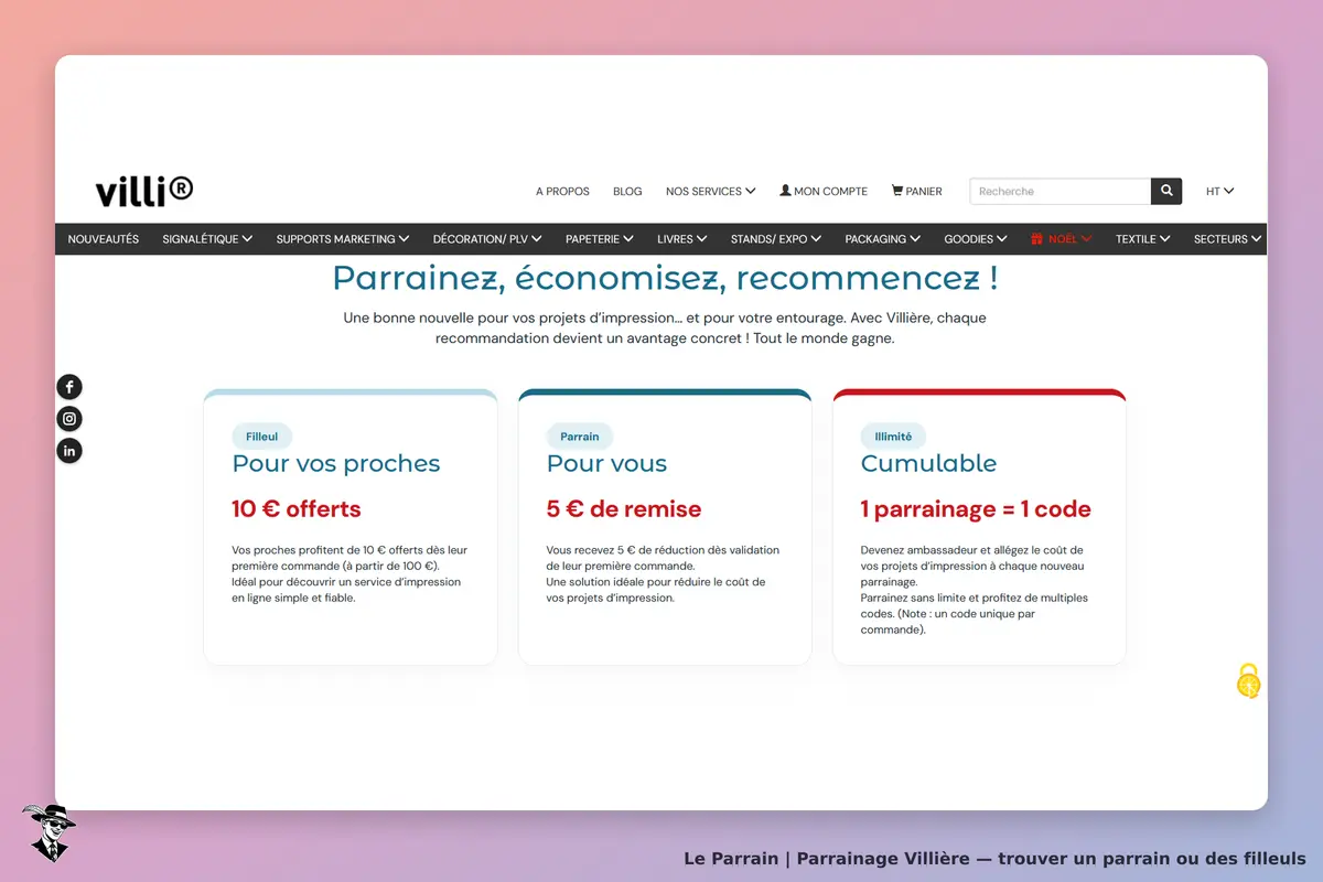Villière : page d'accueil avec informations sur le parrainage et ses avantages