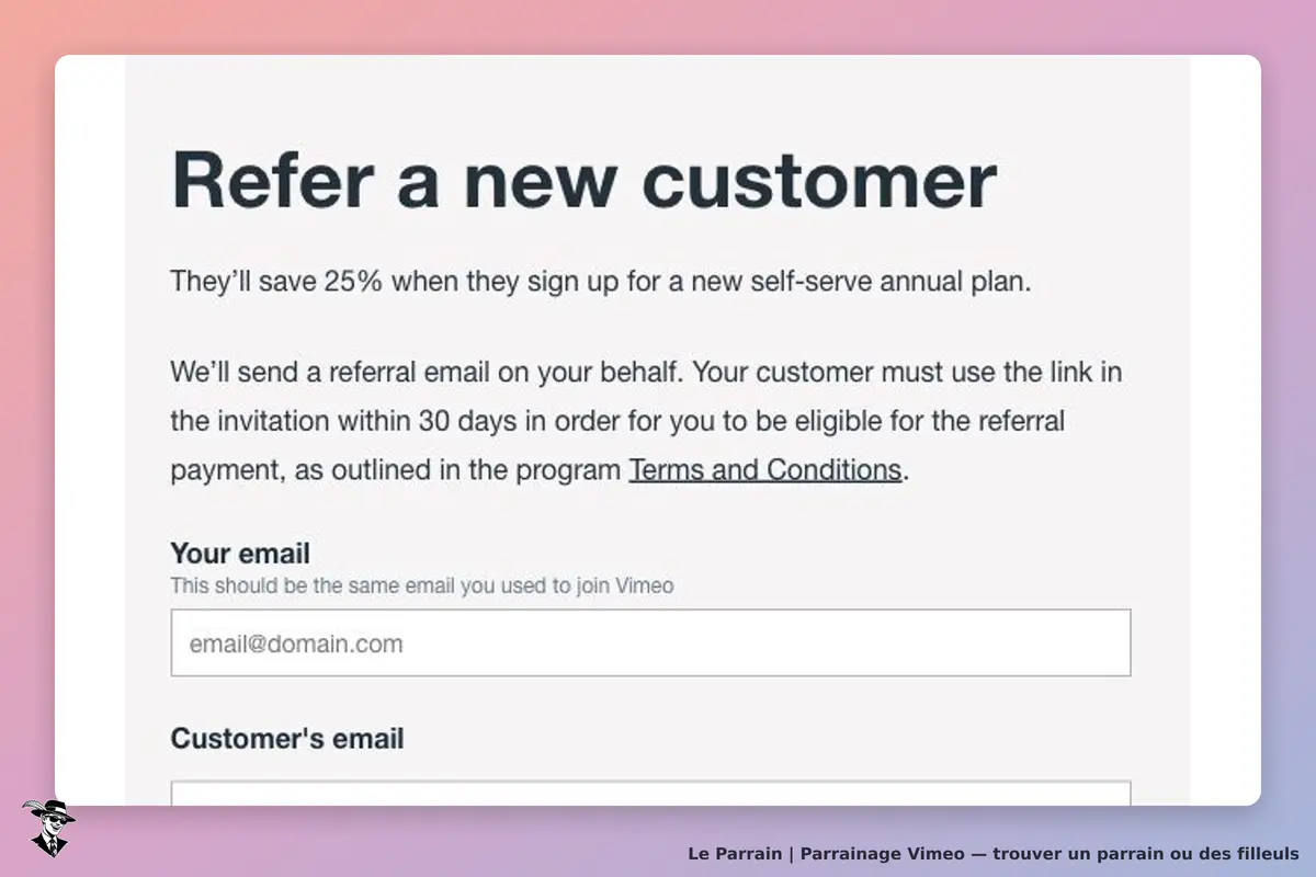 Portail officiel Vimeo : remise de 25 % pour un nouveau forfait annuel et invitation officielle à utiliser dans les 30 jours. Champs laissés vides ; aucune invitation envoyée.