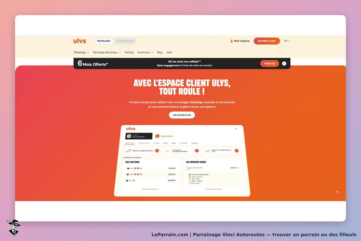 Vinci Autoroutes : page d'accueil du service Ulys avec espace client et informations de compte