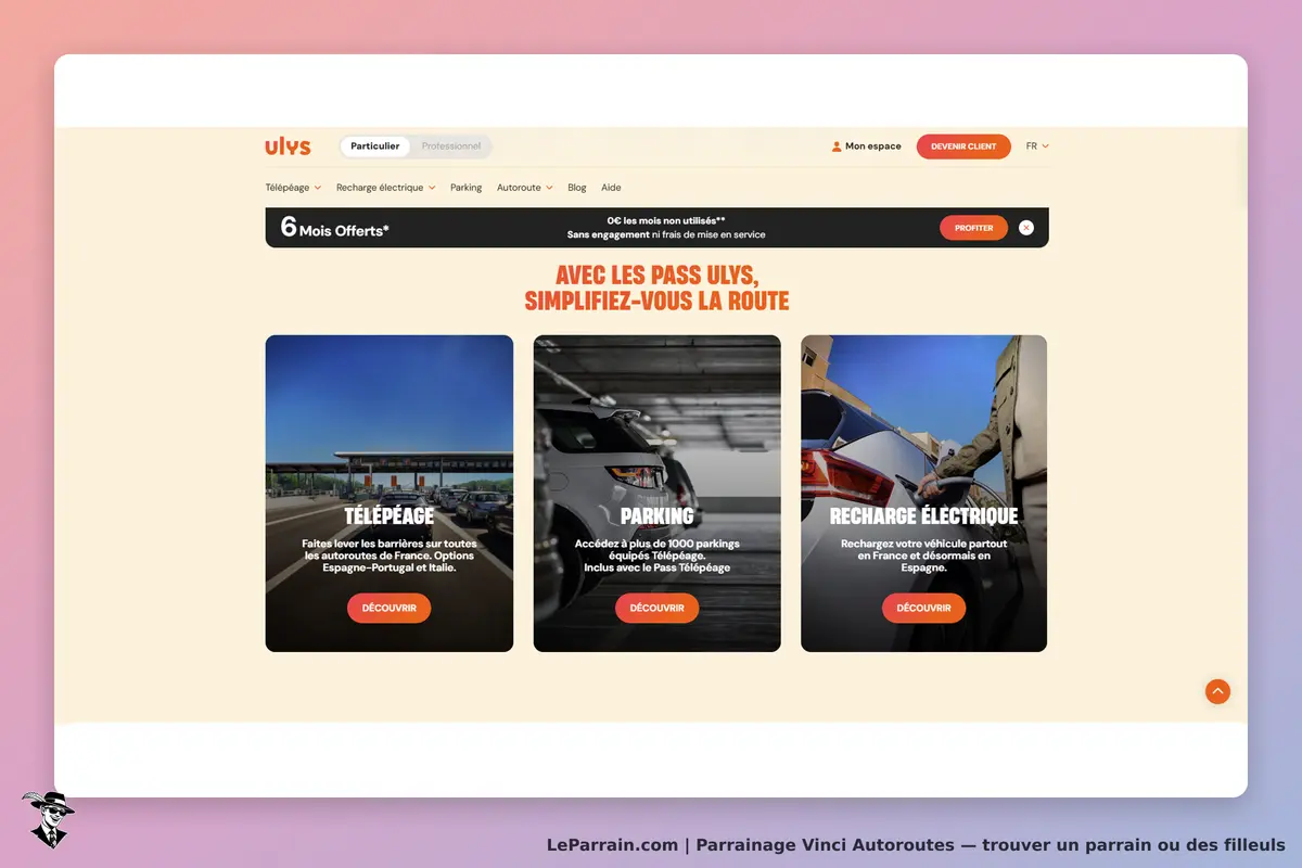 Vinci Autoroutes : page d'accueil présentant les services Ulys avec trois options illustrées