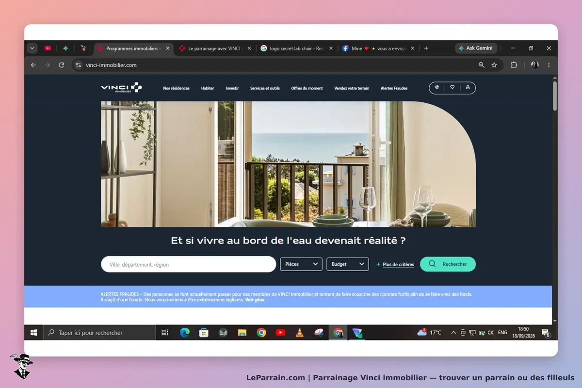 Vinci immobilier : page d'accueil avec vue sur mer et formulaire de recherche d'appartements