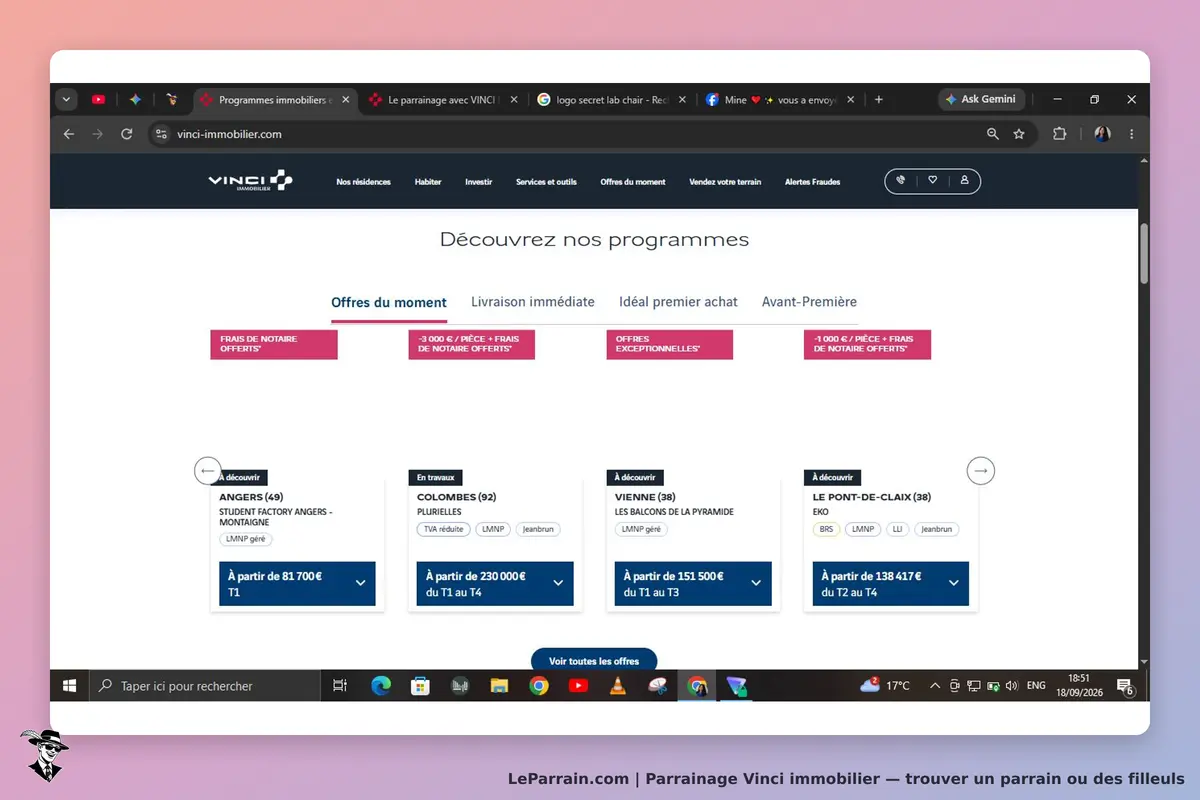 Vinci immobilier : page d'accueil présentant des programmes immobiliers et des offres