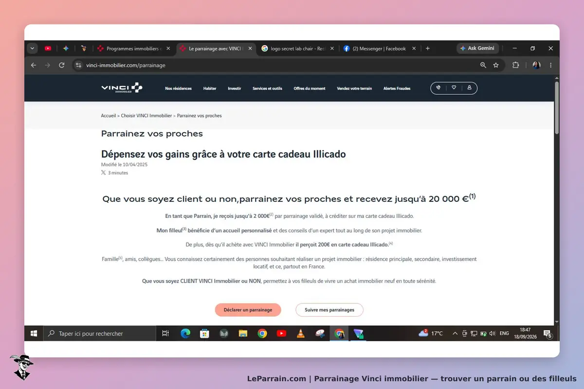 Vinci immobilier : page d'accueil sur le parrainage et carte cadeau Illicado