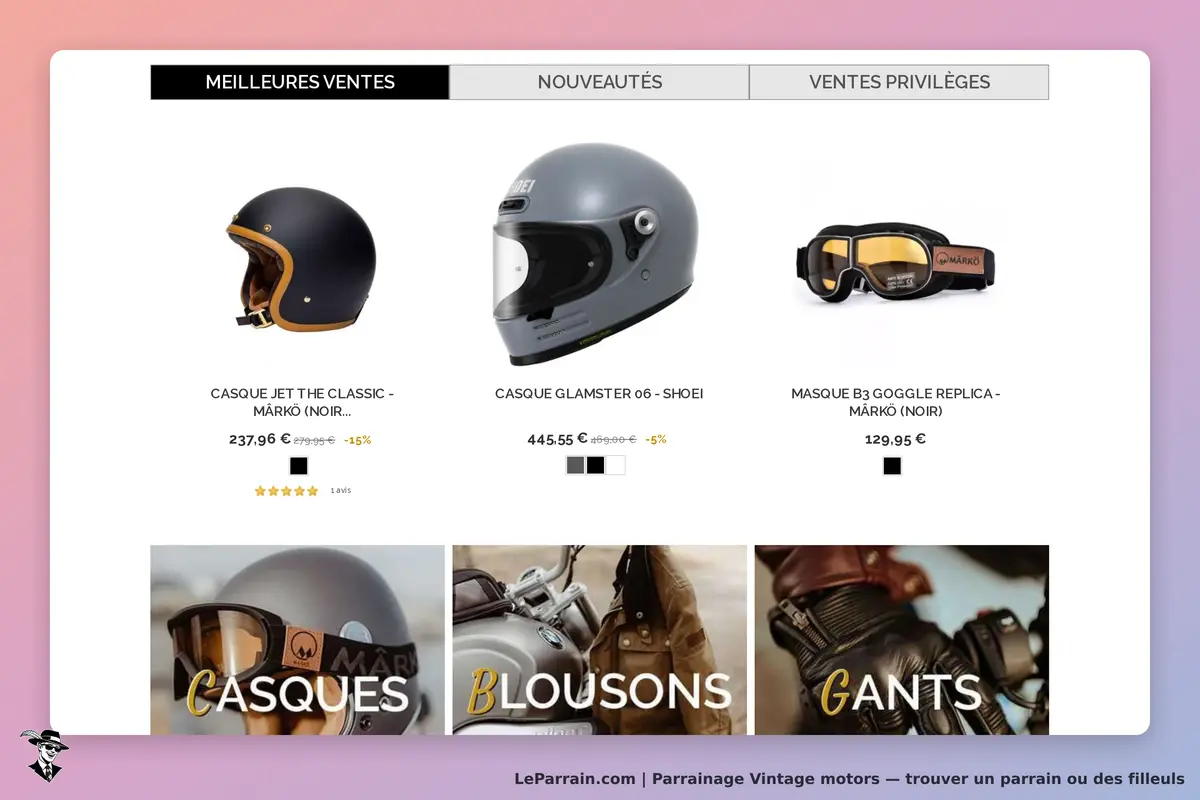 Vintage motors : page d'accueil avec casques et masques de moto en vedette