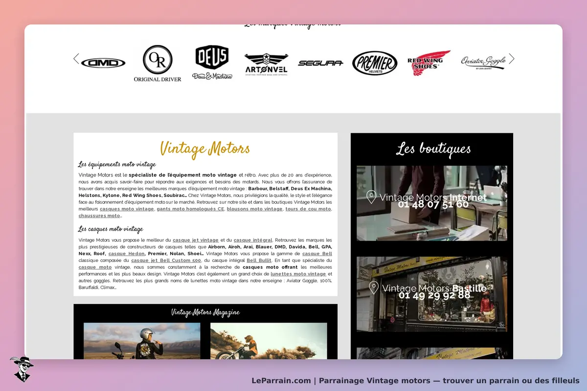 Vintage Motors : page d'accueil présentant des équipements moto vintage et informations de contact